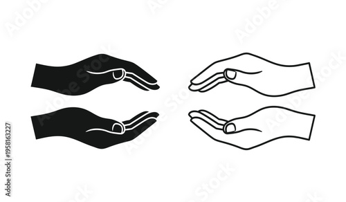 Four hands in silhouette and line art offering or receiving something palms up and down in pairs