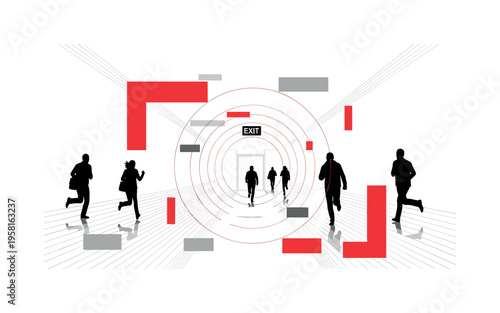 monochrome emergency exit corridor with motion lines and human silhouettes rushing toward the exit, layered circular halos and abstract geometric rectangles,