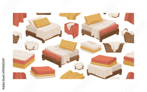 bed linen textures seamless pattern, cotton sheets, pillows, blankets, folded fabrics, laundry baskets and soft textile motifs arranged in a repeating pattern,