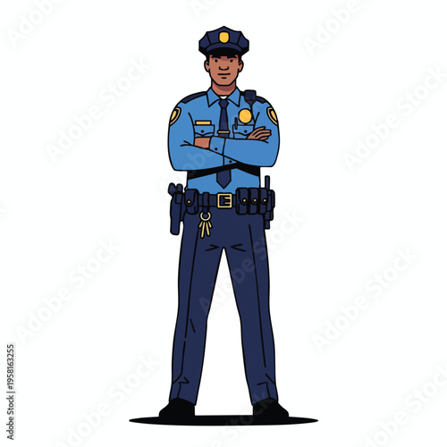 Person in blue uniform, arms crossed, standing confidently with a duty belt