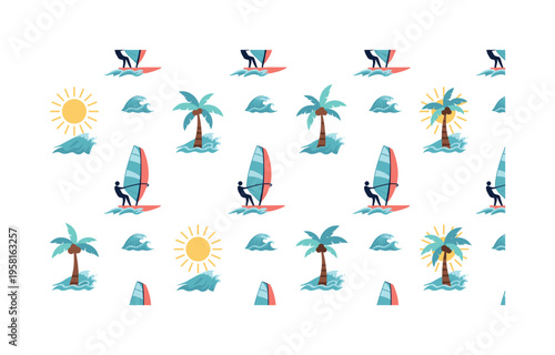 Windsurfing beach scene seamless pattern, windsurfers sails waves sun and palm trees arranged in a repeating pattern, white background with ocean blue coral
