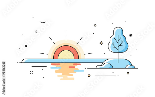 Frozen nature winter sunrise reflecting on a frozen lake while a small icy tree stands nearby. The gentle scene expresses cold beauty and the soft glow of