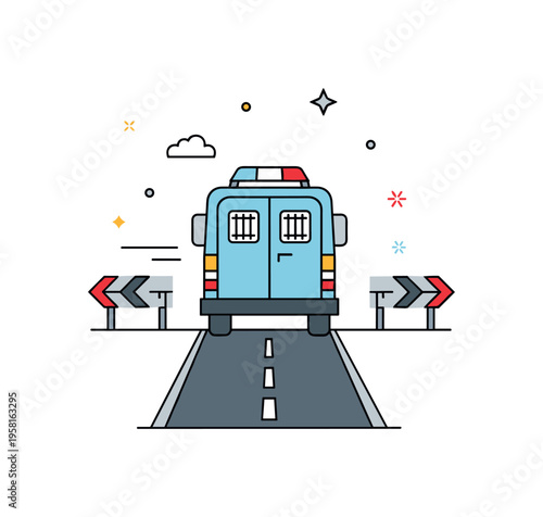 Secure inmate transport concept centered on a reinforced van with small barred window details moving away on a road with directional arrows