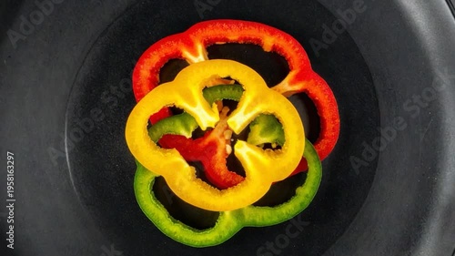Vibrant overhead shot of sliced bell peppers, red, yellow, and green, arranged on a dark plate
