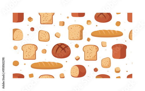 bakery bread crumbs seamless pattern, slices, tiny crumbs, crust flakes, baguette pieces and small bread bits arranged in a repeating pattern, white background