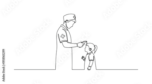 Medical Care for Orphans. Minimalistic one-line drawing healthcare worker checking a child?s temperature representing orphan care services, continuous single