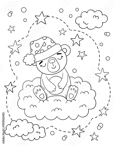 Black and white vector coloring page featuring a cute a bear sitting on a cloud in a night cap cartoon character in fairy tale style. Outline illustration for kids activity book, printable worksheet