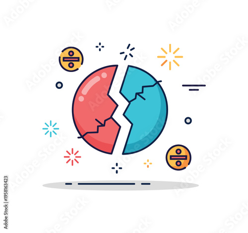 Separation symbolic illustration of a split heart with a gap in the middle representing emotional separation, breakup, or distance. Decorative stars and tiny