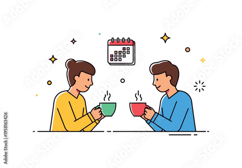 Coffee meetup new friendship casual cafe scene with two people sharing a warm drink while a tiny calendar icon hints at a planned meetup. Soft spark icons