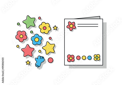 Handmade foam decorations colorful foam stars and flowers arranged beside a simple craft card ready for decoration. Friendly concept of crafting personalized