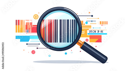 Magnifying glass scanning barcode on white background with vibrant abstract shapes