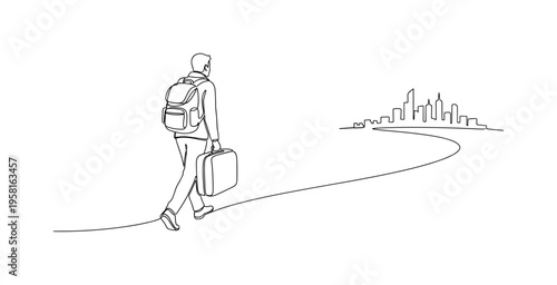 Wandering Traveler. Minimalistic one-line drawing figure walking along a path with suitcase or backpack discovering a new city, continuous single black line on