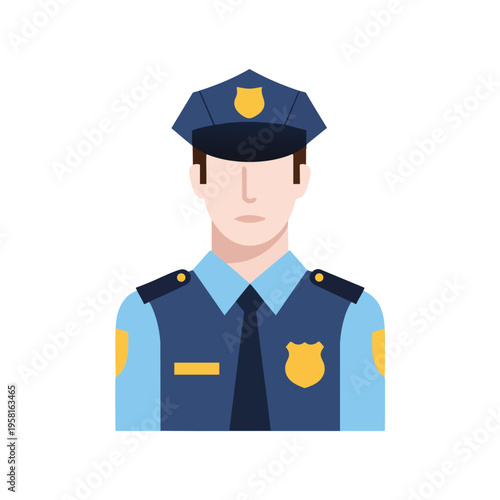 Flat illustration of a police officer wearing a blue uniform and cap