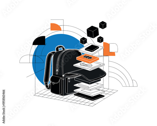 retro backpack opened with items floating out and being reorganized in neat layers, black and white objects cut-out with white contour outline, large blue