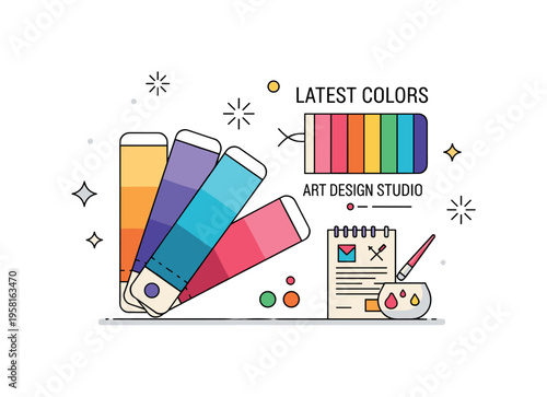 Latest colors art and design studio swatches with overlapping color samples representing inspiration, creativity, and visual exploration. Decorative spark