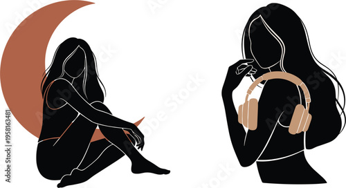 Abstract female silhouettes with headphones and sitting pose modern minimalist vector illustration aesthetic women figures isolated on light background stylish contemporary design set