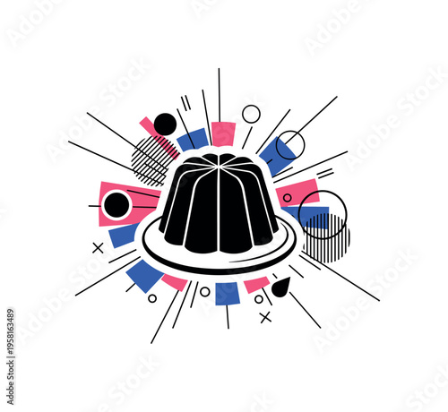 shared dessert on table with geometric highlights abstract circles lines and geometric shapes representing joint culinary enjoyment black and white retro