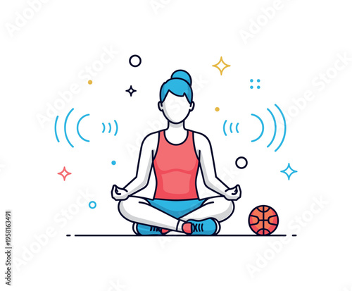 Mindfulness in sports with an athlete sitting calmly in a simple meditation pose beside a small sports ball. Soft ripple lines and star accents suggest focus,