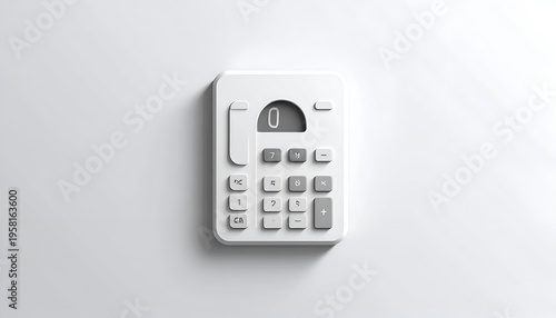 Minimalist white calculator displaying zero on a clean white surface with soft shadows