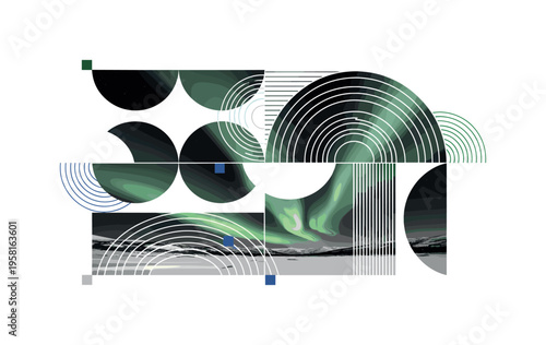 aurora waves over snowy landscape abstract semicircles lines and geometric blocks symbolizing winter sky spectacle black and white retro snow and aurora with
