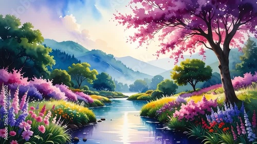 Watercolor painting of a serene landscape with a river, mountains, and colorful flowering trees