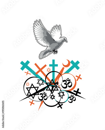 Black and white dove flying above interlocking abstract symbols of faith, sharp angular shards transformed into soft semicircles suggesting harmony, vivid teal