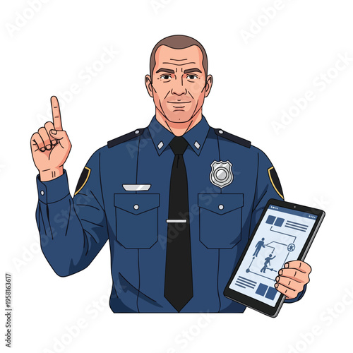 Focused officer holding a tablet with diagrams and raising a finger in warning