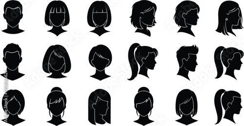 Collection of male and female head silhouettes with various hairstyles profile views isolated on light background minimal flat vector illustration modern avatar set