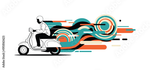 black and white rider gliding on a scooter with flowing abstract shapes trailing behind symbolizing speed, cut-out collage effect with white outline, layered
