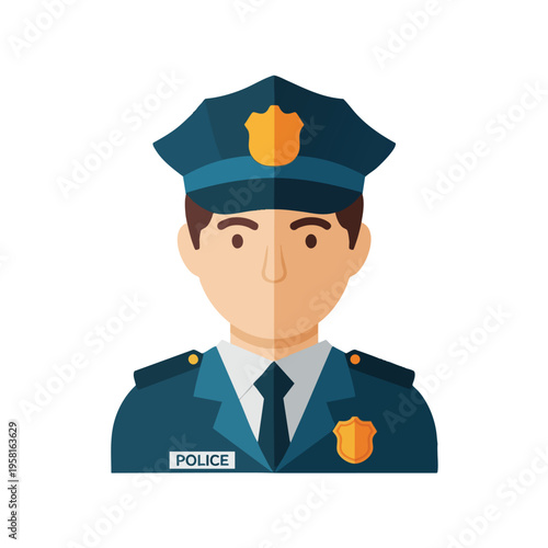 A stylized, flat illustration of a police officer wearing a dark blue uniform and cap