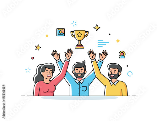 Positive teamwork moment with colleagues smiling and raising their hands in celebration around a small trophy symbol. The scene reflects collective success,