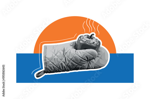 Black and white oven mitt holding a freshly baked stuffed pepper, large orange semicircle behind as warm glow, blue rectangular block anchoring lower