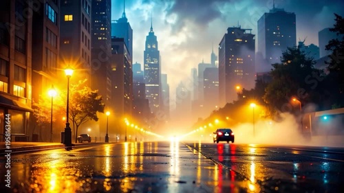 Wet cityscape street scene with glowing streetlights, rain-slicked road, buildings, and a car