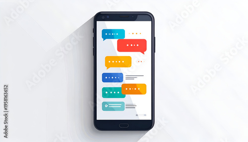 Mobile phone with messaging app interface showing message bubbles on white background