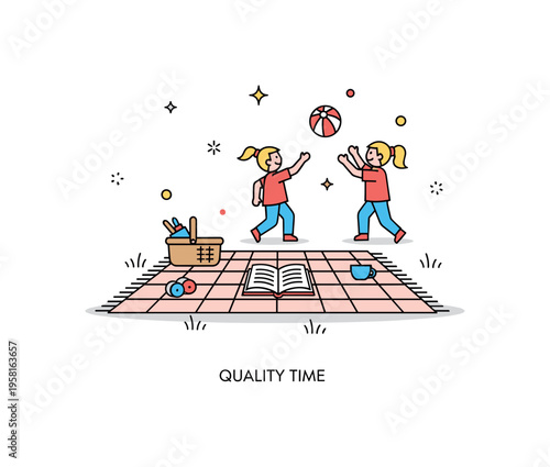 Family picnic afternoon illustrated by a blanket with a small basket and open book, children tossing a ball nearby. Gentle sparkle accents and a short ?Quality