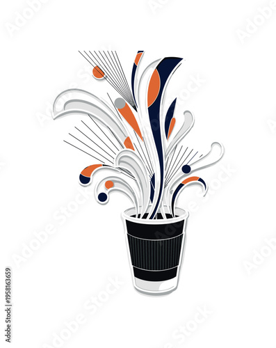 black and white paper coffee cup with rising steam, cut-out collage style with white outline, curved semicircles and thin radial lines representing heat and