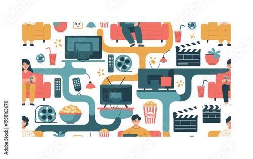 entertainment night seamless pattern, people on sofas, watching TV, popcorn, drinks, remotes and cinema elements arranged in a repeating pattern, white