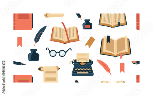 classic literature motifs seamless pattern, open books, quills, ink bottles, typewriters, scrolls, glasses and bookmarks arranged in a repeating pattern, white