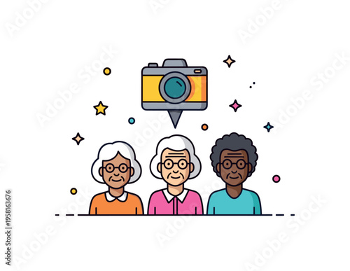 Life stages documentation illustrated by a simple camera icon pointed toward three diverse age silhouettes, expressing memory keeping and visual storytelling.