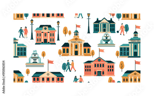 community government buildings seamless pattern, iconic town halls, lamp posts, flags, walking citizens and fountains arranged in a repeating pattern, white