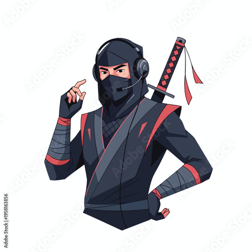 A stealthy warrior in dark attire wears headphones and a face mask, a katana at their back
