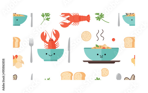 seafood restaurant dishes lobster bisque bowls bread slices herbs and spoons illustrated as playful food icons, flat vector rounded forms, bright modern
