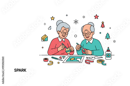 Grandparents making holiday crafts cheerful couple decorating a small handmade ornament while craft paper, glue, and ribbons sit on the table. Spark icons add