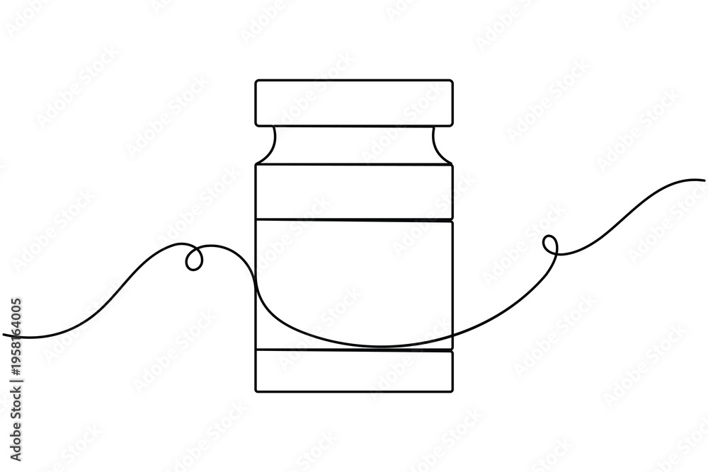Obraz premium Supplement jar sign icon continuous one line art single drawing on white background minimal gym fitness nutrition container symbol outline vector illustration