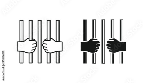 Silhouette of hands grasping prison bars contrasting black and white illustration of incarceration and freedom