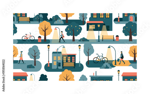 urban night motifs seamless pattern, street lamps illuminating sidewalks, trees, benches, bicycles, pedestrians and city buildings arranged in a repeating