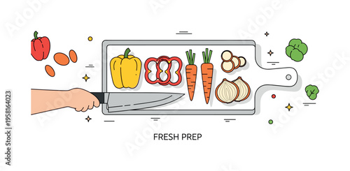 Vegetable chopping preparation scene featuring sliced bell peppers, carrots and onions neatly arranged on a cutting board. A compact ?Fresh Prep? text detail