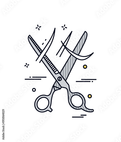 Textured barber shears icon compact scissors symbol with visible brushed metal texture lines and small hair strand elements suggesting active cutting. The