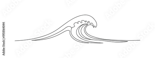 Surfing Wave Curve. Minimalistic one-line drawing dynamic ocean wave forming a smooth surfing curl shape, continuous single black line on white background,