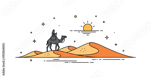 Camel caravan across dunes simple camel silhouette walking across rolling desert dunes while the sun sits high above the horizon. The scene evokes traditional